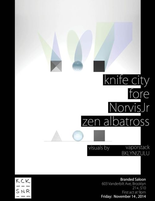▃▅▇ INCOMING GIG ▇▅▃ I’m performing at Kick.Snare in Brooklyn, with vaporstack returning on visuals. Additional sets by knife city (Luke of Anamanaguchi), FORE, and NorvisJr.
[NYC] 11.14.14 // KICK.SNARE @ Branded Saloon
ZEN ALBATROSS, knife city,...